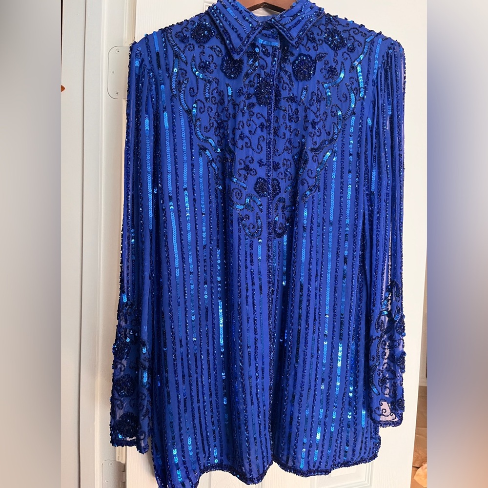 Saks Fifth Avenue Silk Country Rockabilly Cowboy button shirt w/ sequins small
